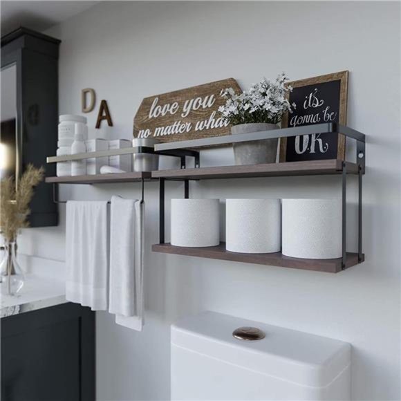 2+1 Tier Wall Mounted Floating Shelves Set of 2, Rustic Wood Wall Shelf - Picture 4 of 6